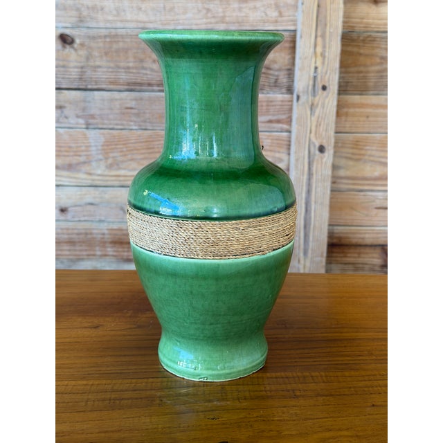 Late 20th Century Vintage Green Glazed Ceramic Vase With Natural Fiber Wrap For Sale - Image 5 of 11