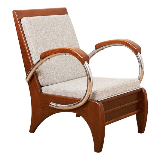 Upholstered Armchair in Wood, Plywood, Chrome-Plated Tubular Steel with Volz Cushion For Sale