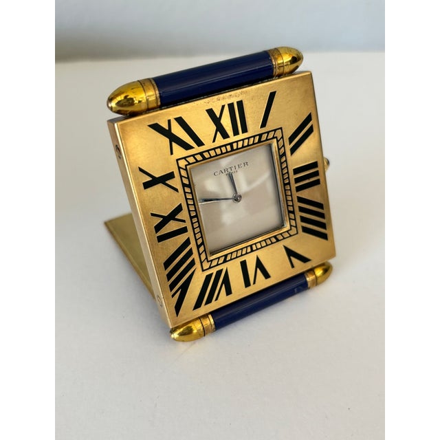 Vintage Cartier Folding Travel Desk Clock Paris Gilt-Brass and Blue Enamel 1990 For Sale - Image 16 of 18