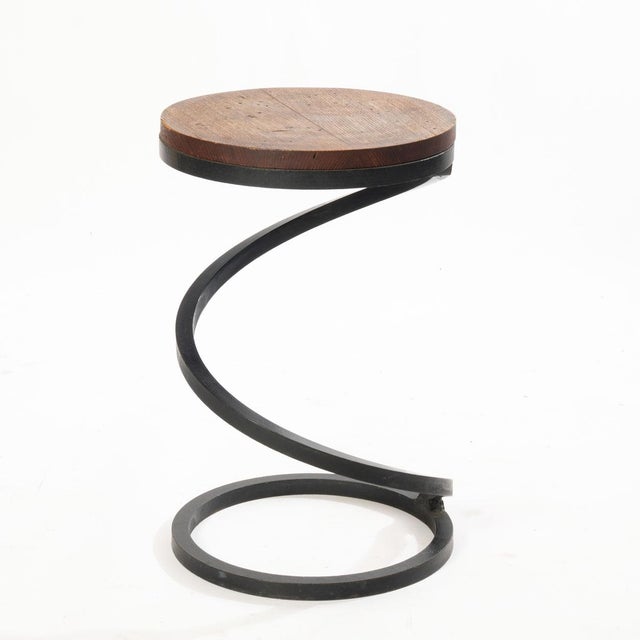 Late 20th Century Industrial Iron Sping Form and Wood Side Table For Sale - Image 4 of 4