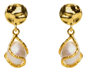 Cleopatra Crinkle Gold Stud Pearl Drop Statement Earrings, A Pair