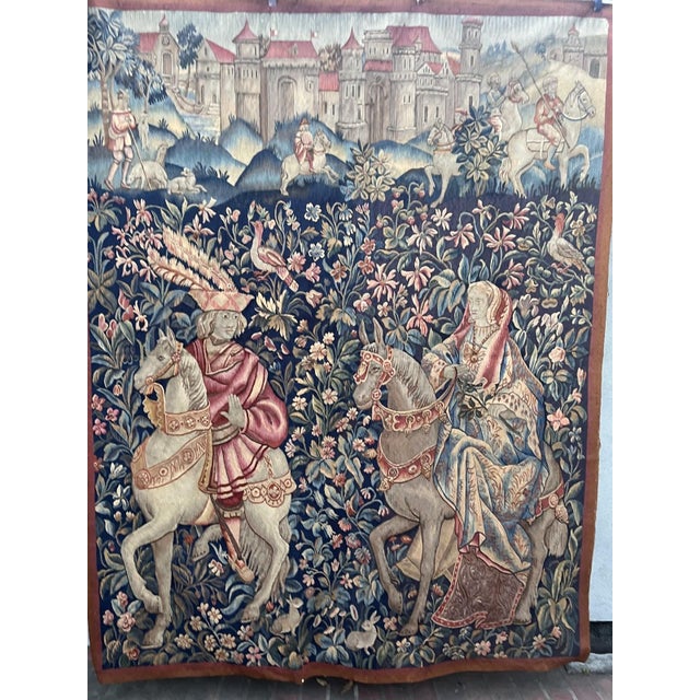 Traditional 19th-Century Wool and Silk Tapestry — Medieval Courtly Scene For Sale - Image 3 of 13