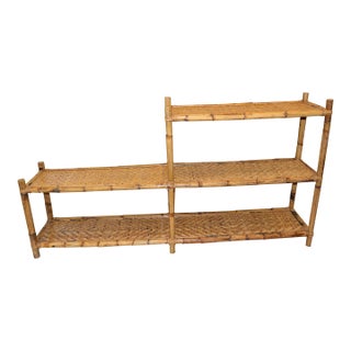 Vintage Bamboo & Woven Rattan 2 & 3 Tiered Decorative Long Shelving Shelf Unit For Sale