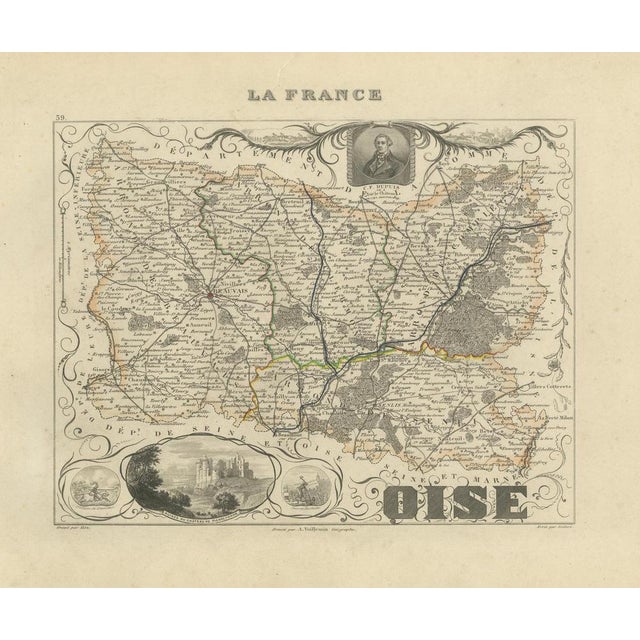 Antique Decorative Map of Oise by Vuillemin, France, 1850 For Sale - Image 3 of 10