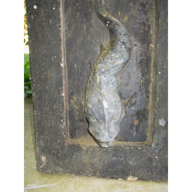 French Antique French Ornate Lead Fish Design With Cement Surround & Well Wall Fountain For Sale - Image 3 of 11