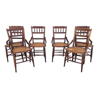 Antique Walnut Victorian Spindle Back Cane Seat Dining Chairs Set of 6 For Sale