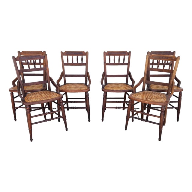 Antique Walnut Victorian Spindle Back Cane Seat Dining Chairs Set of 6 For Sale