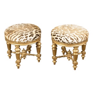 Pair of 19th Century French Giltwood Stools with Fluted Legs and Upholstery For Sale