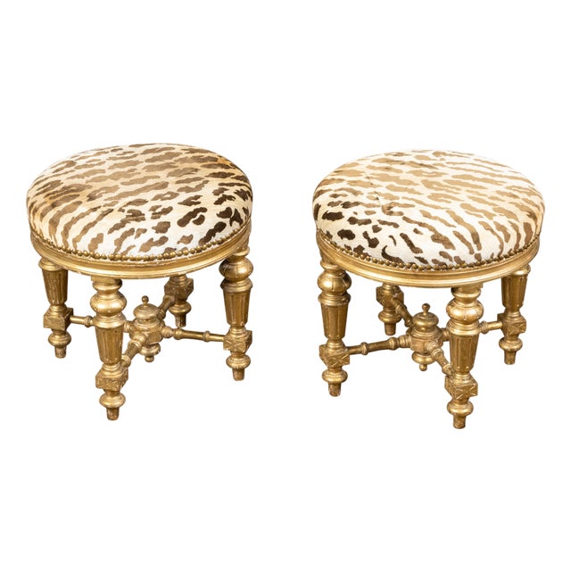 Pair of 19th Century French Giltwood Stools with Fluted Legs and Upholstery For Sale