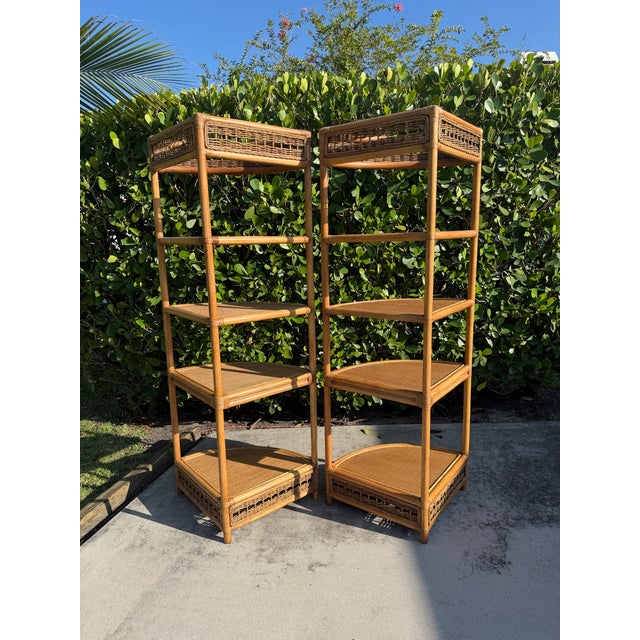 Brown Vintage Tall Palm Beach Coastal Woven Rattan Corner Étagères, Pair For Sale - Image 8 of 12