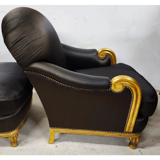 Late 20th Century Club Chair & Ottoman Gilt Finish For Sale In Miami - Image 6 of 13