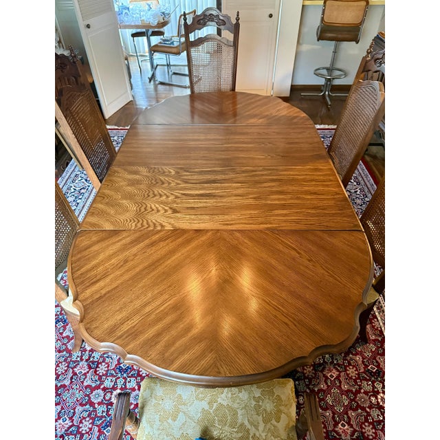 French Provincial Late 20th Century French Provincial Oak Dining Set — Table With Two Leaves & 6 Cane-Back Chairs For Sale - Image 3 of 9