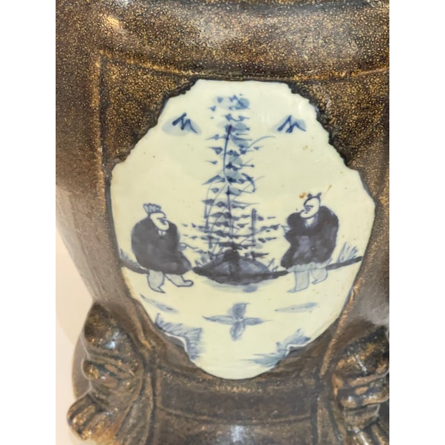 1910s Pair Antique Chinese Brown Glaze With Blue & Withe Decor Garden Stools For Sale - Image 5 of 16