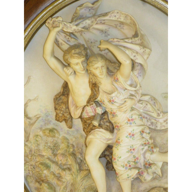 Wood Antique Porcelain Plaque, "The Storm" (La Tempête) After: French Artist Pierre Auguste Cot, Walnut Frame, European Figurine For Sale - Image 7 of 12