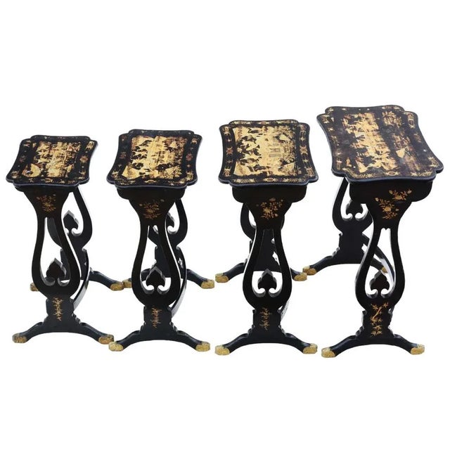 19th Century Chinese Boulle-Work Black Lacquer Nesting Tables, Set of 4 For Sale - Image 3 of 9