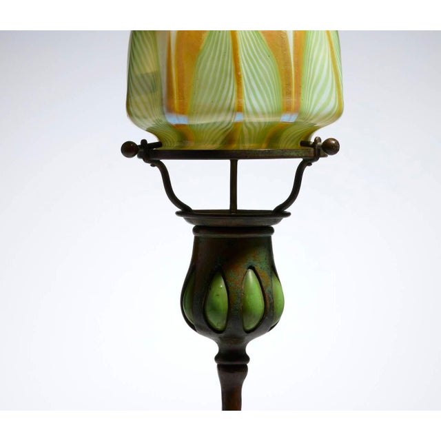 Antique Tiffany Studios Pulled Feather Favrile Glass Blown-Out Candlestick Lamp For Sale - Image 4 of 9