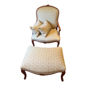 Vintage Traditional Cabin Fabric Armchair + Stool Set