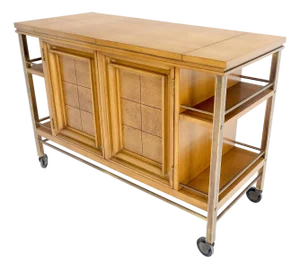 Brass Burl Wood Fruitwood Flip Top Expandable Serving Bar Cart Liquor Cabinet
