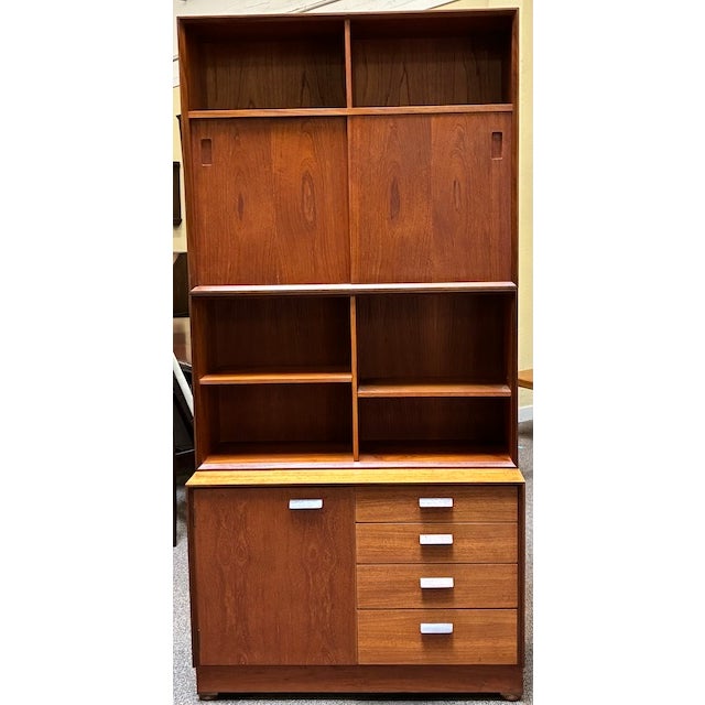 Mid Century Modern Teak Three Tier Bookcase / Cabinet c.1960 Handsome Wall Unit - Scandinavian Design - UK Import 36" Wide...