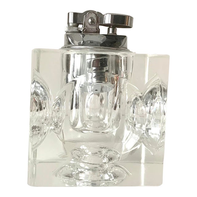Vintage Large Square Modern Contemporary Refillable Crystal Table Lighter For Sale