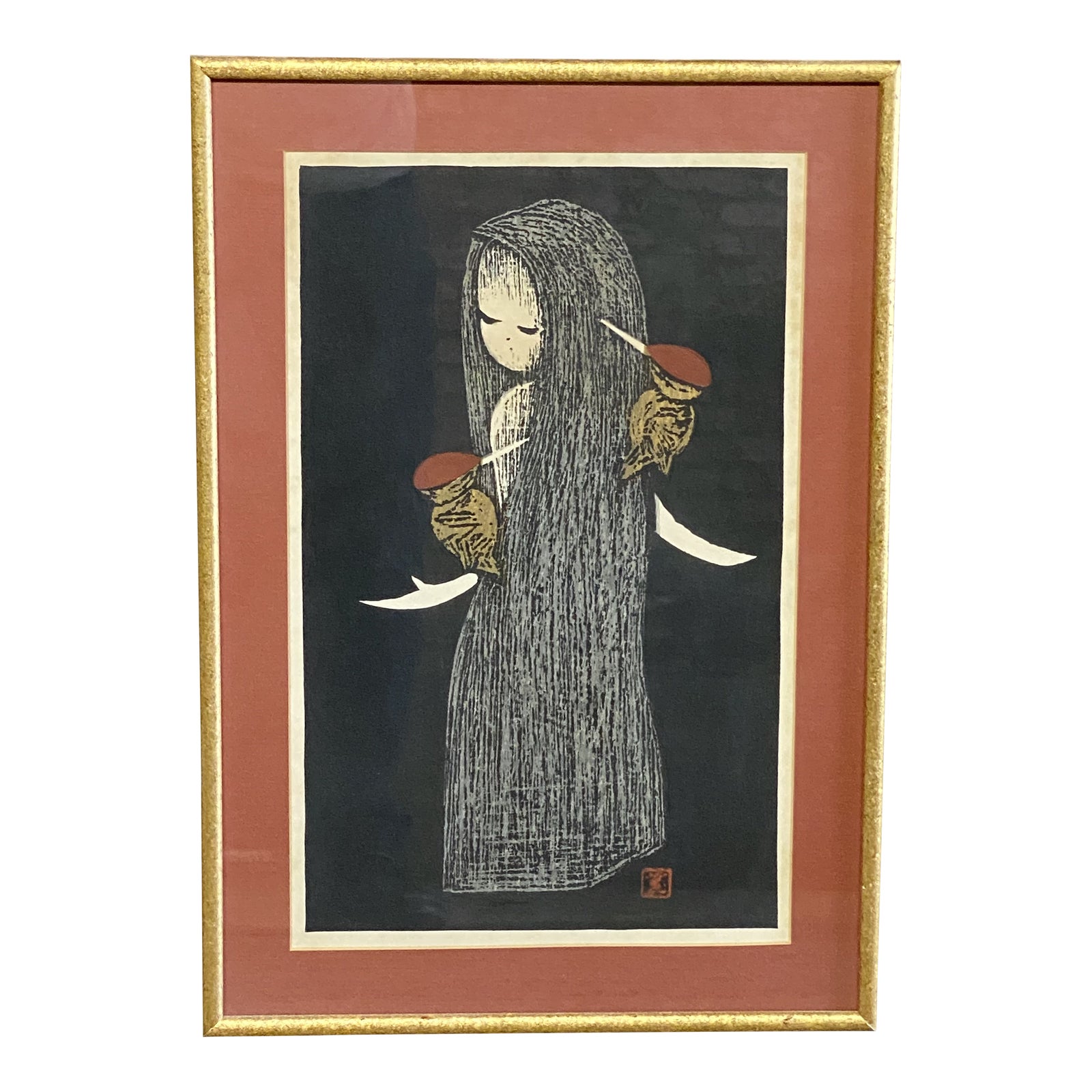 1950s Kaoru Kawano Japanese Woodblock Print Girl With Two Birds Chairish