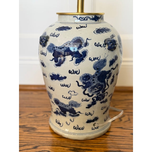 Chinoiserie Chinoiserie Hand Painted Ceramic Ginger Jar Lamp With Blue Dragons For Sale - Image 3 of 5