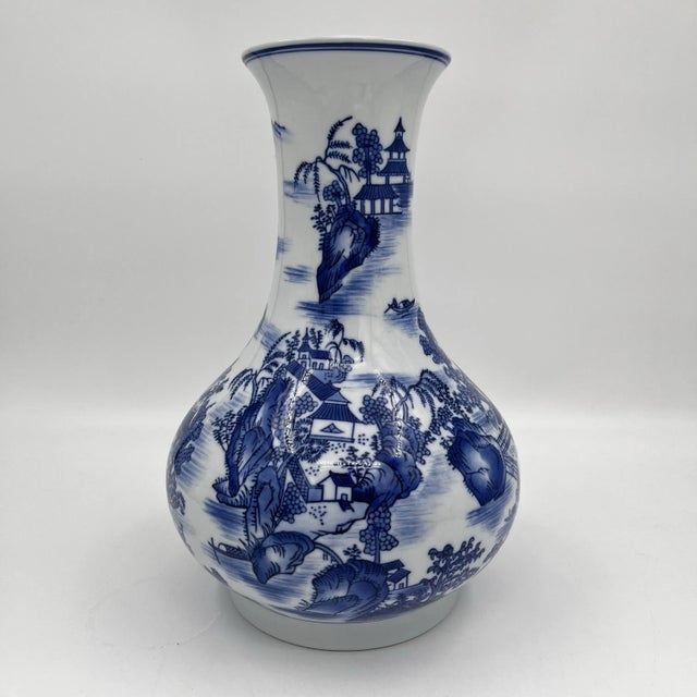 Blue Vintage Bombay Company Blue and White Chinoiserie Pagoda Vase 12"h For Sale - Image 8 of 11