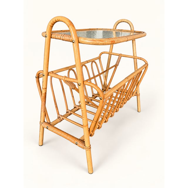 Vintage Scandinavian Rattan Side Table with Magazine Rack and Glass Top, 1960s For Sale - Image 6 of 10