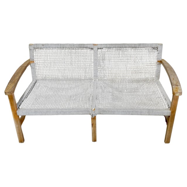 Late 20th Century Boho Danish Modern Bleached/ Weathered Teak & Woven Rope Settee For Sale - Image 5 of 18
