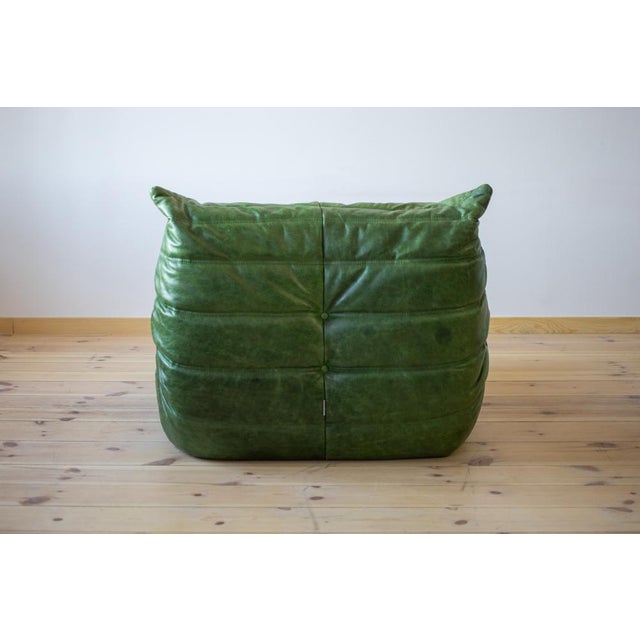 Dubai Green Leather Togo Lounge Chair, Corner and 2-Seat Sofa by Michel Ducaroy for Ligne Roset, 1979, Set of 3 For Sale - Image 10 of 14