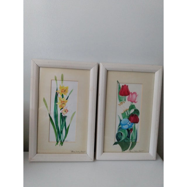 Mid 20th Century "Daffodils and Tulips" Watercolor Paintings by Patricia Schilling Stewart, Framed - a Pair For Sale - Image 11 of 11