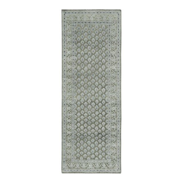 Contemporary Block Print Natural Silk Geometric Runner by Rug & Kilim For Sale