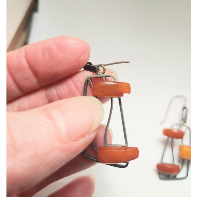 Vintage Artisan 875 Silver & Amber Pierced Wire Earrings, A Pair For Sale - Image 4 of 6