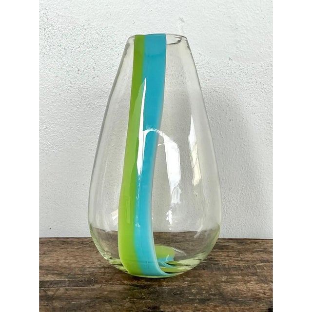 Vintage Clear Glass Vase With Blue and Green Stripes For Sale - Image 4 of 12
