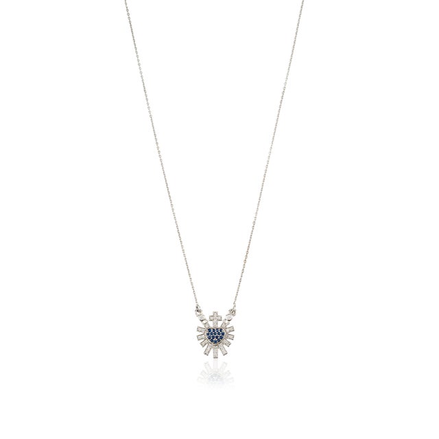 Sacred Heart Blue Sapphire & Diamond Sunburst Pendant Necklace in 14k White Gold For Sale - Image 9 of 17