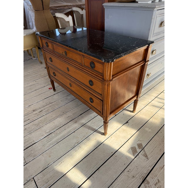 19th Century Louis XVI Walnut Marble Top Chest of Drawer / Commodes For Sale - Image 9 of 12
