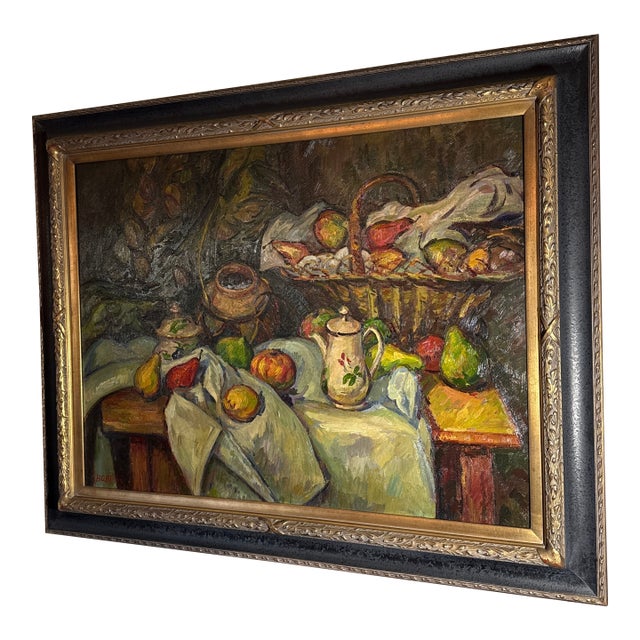 Vintage Original Oil Painting Still Life Fruit Basket Impressionist Framed &Signed For Sale