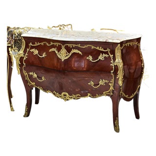 French Marble-Top Chest With Ornate Carved Wood & Gold Leaf Accents For Sale
