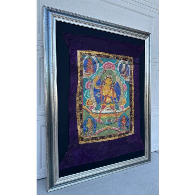 Antique 19th Century Tibetan Manjushri Thangka – Bodhisattva of Wisdom in Custom Silver Gilt Frame For Sale - Image 16 of 18