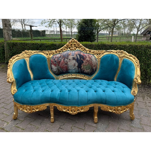 Wood 1900s French Louis XVI Blue Velvet / Green Beech Sofa Set 3pc For Sale - Image 7 of 16