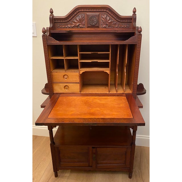 Art Nouveau Antique Victorian Art Nouveau Carved Walnut Secretary Desk, Late 19th Century For Sale - Image 3 of 8