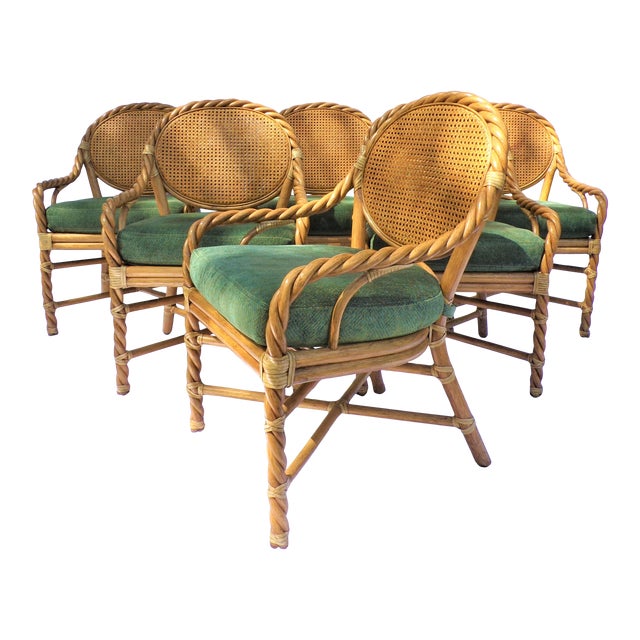 Vintage McGuire Furniture Pecan Finish Twisted Rattan & Cain Arm Chairs