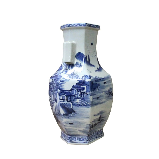 Chinese Blue & White Porcelain Oriental Mountain Scenery Graphic Vase For Sale - Image 4 of 7
