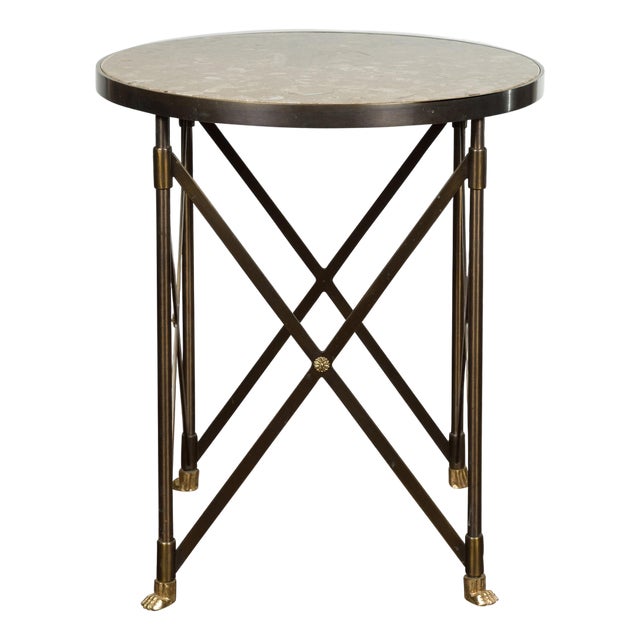 Italian Midcentury Bronze Side Table with Variegated Marble Top and Paw Feet For Sale