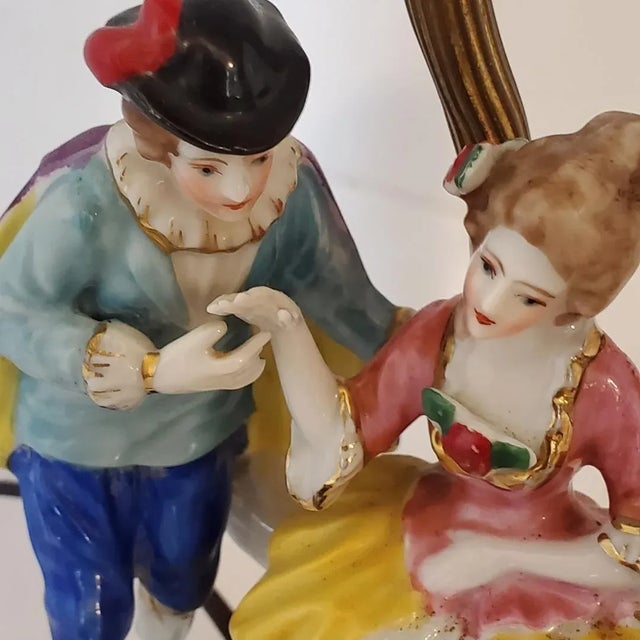 Exquisitely detailed small lamps with hand-painted porcelain figures of a man and woman in the Victorian - French...