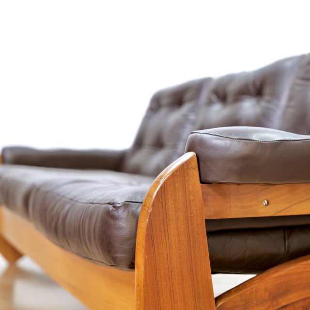 1970s Brown Leather Sofa Teak Sculptural Form For Sale - Image 13 of 15