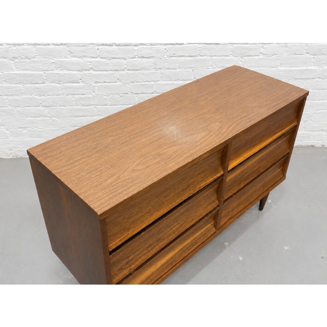 Mid Century Modern Walnut Lowboy Dresser | Sculpted Front 6 Drawer Credenza | Refinished Vintage MCM Bedroom Storage Cabinet, C. 1960’s For Sale - Image 15 of 16