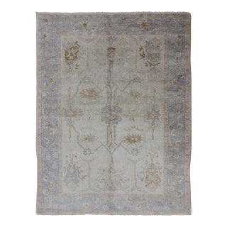 Muted Oushak Rug in Blue, Light Brown, and White For Sale