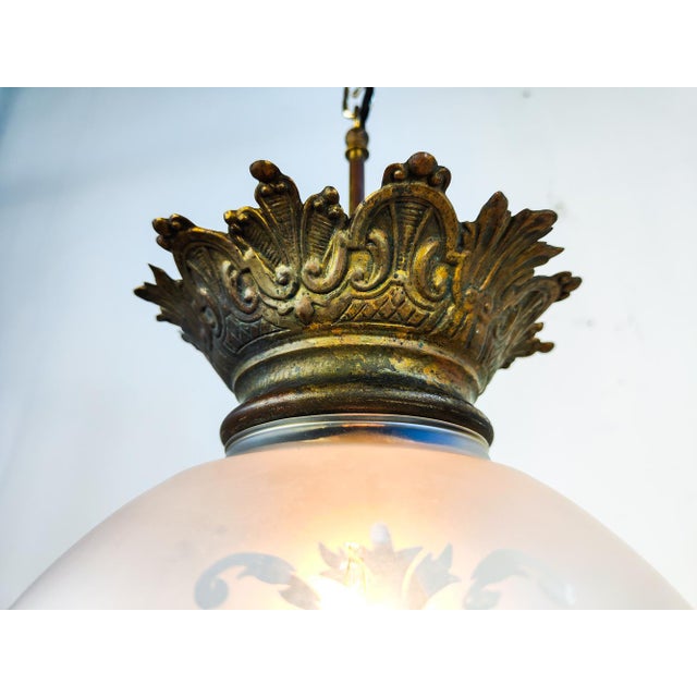 Metal Antique Etched Glass Globe Pendant Light with Brass Gallery For Sale - Image 7 of 10