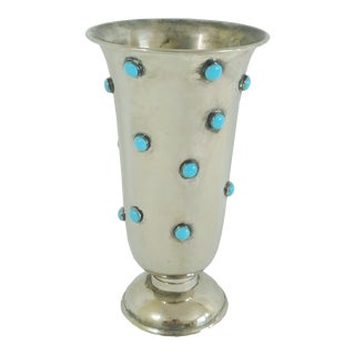 Tall Vintage Mid Century Silver Plated Blue Turqouise Cabachon Jeweled Flower Vase For Sale